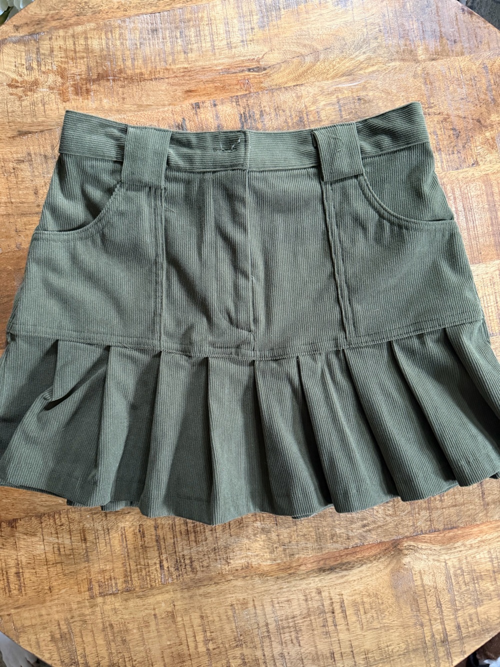 Olive Green Corduroy Pleated Mini Skirt